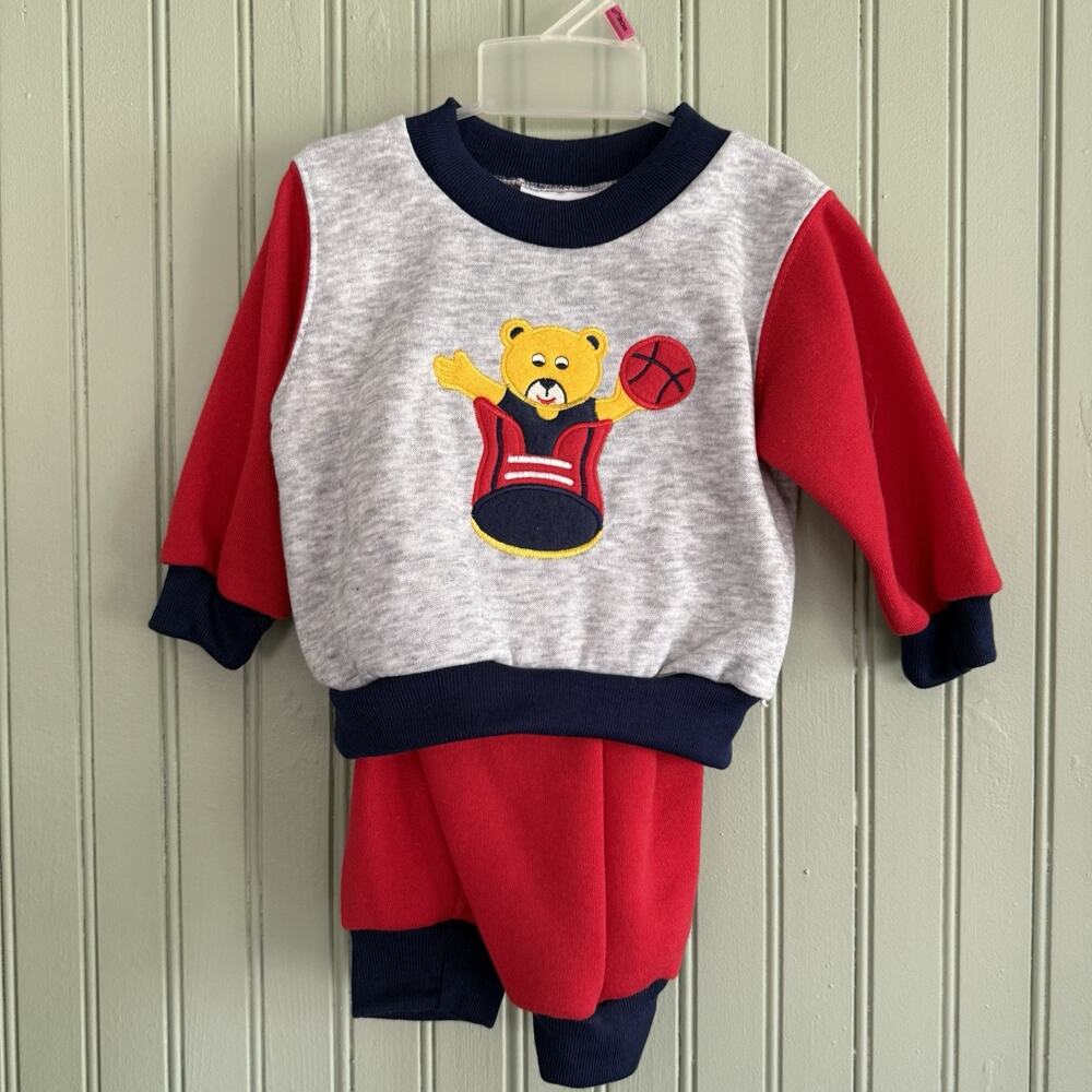 Vtg Baby Boys 6-9 Months 2 Piece Set Bear Basketball Shirt Sweatpants Red Blue